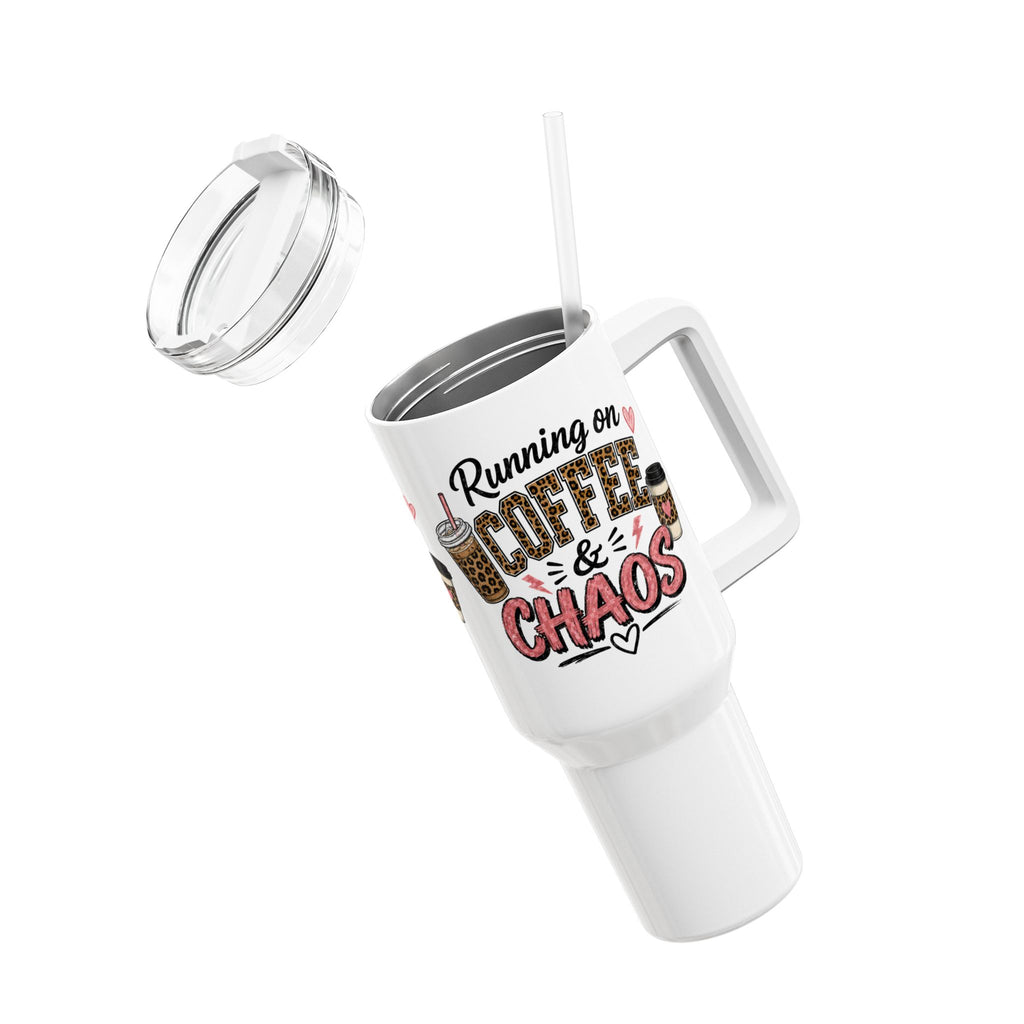 40oz Tumbler - "Running on Coffee & Chaos" Travel Mug with Handle