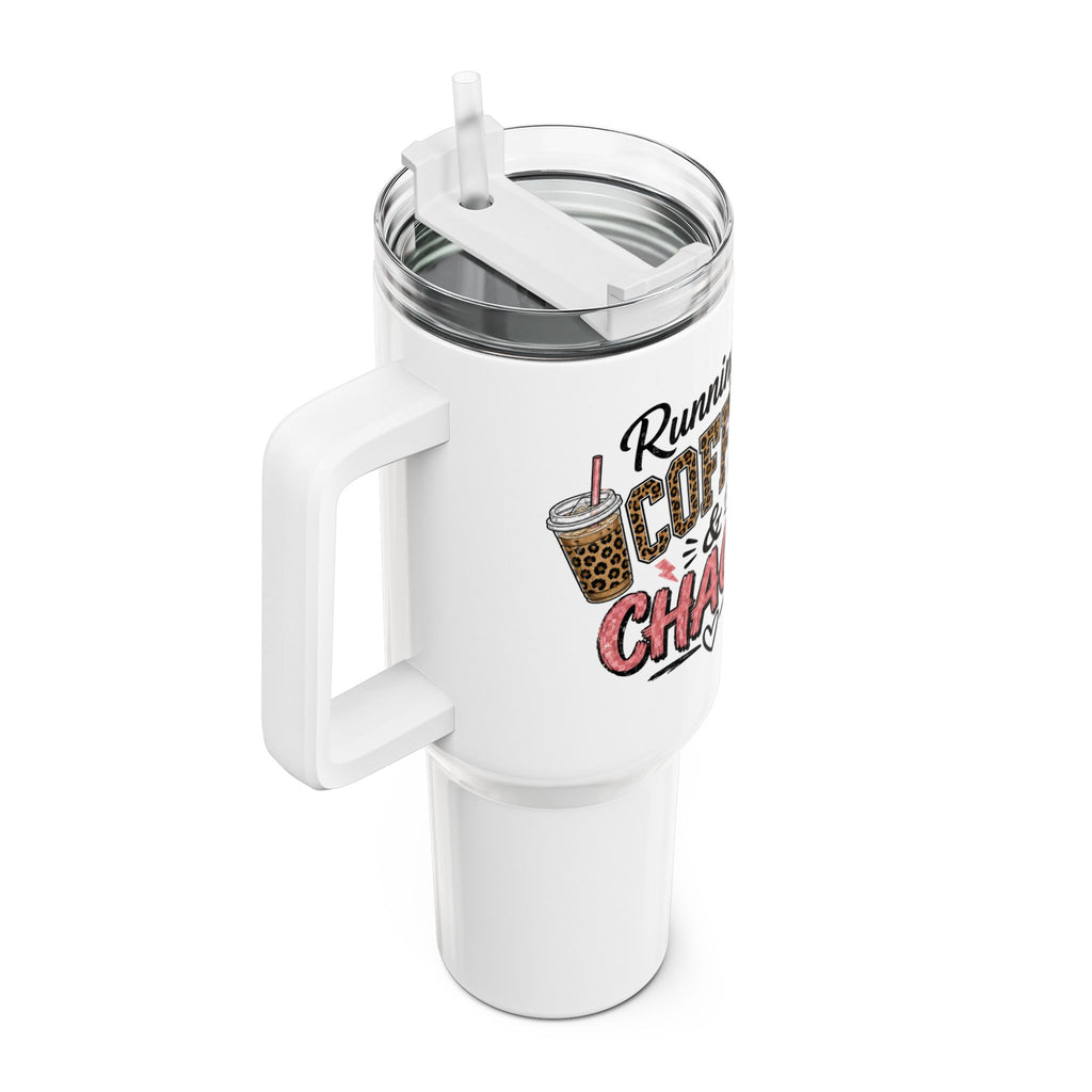 40oz Tumbler - "Running on Coffee & Chaos" Travel Mug with Handle