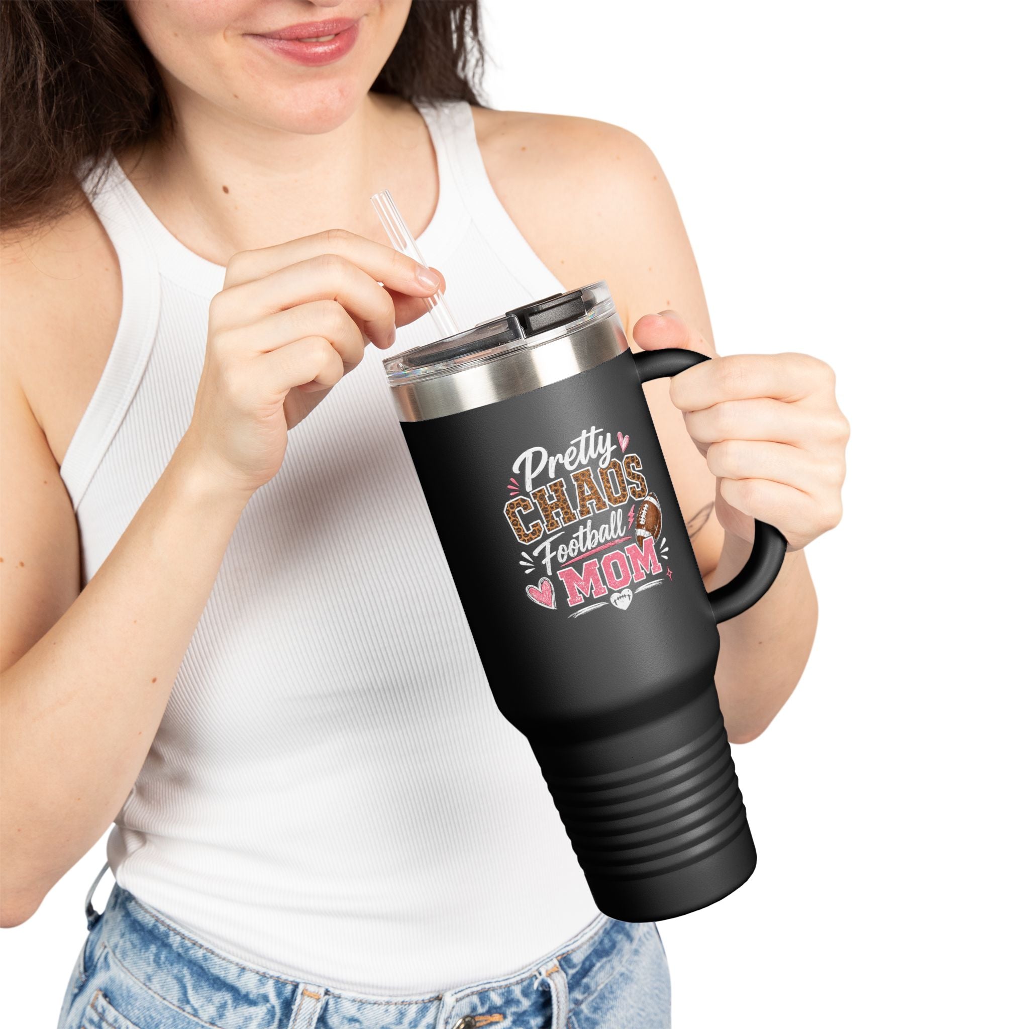40oz Insulated Travel Mug — "Pretty Chaos Football Mom" Stainless Tumbler