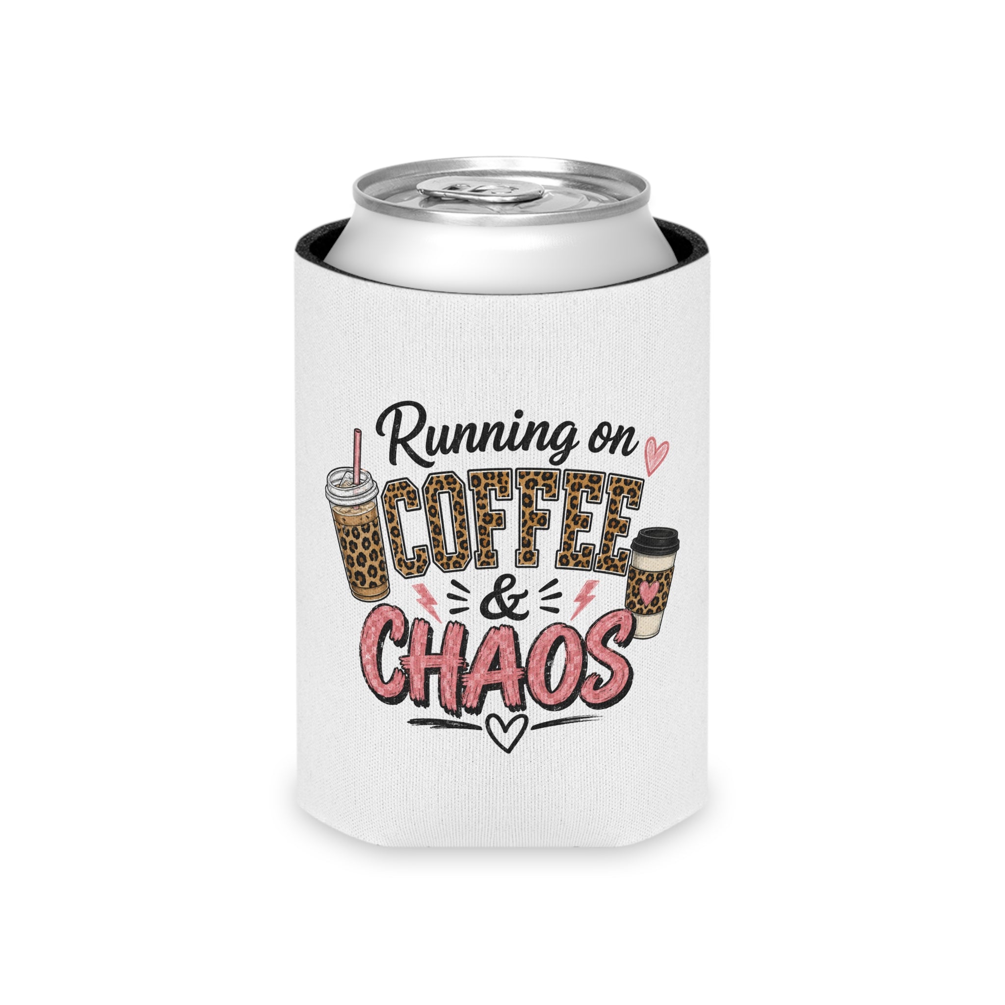 Can Cooler - "Running on Coffee & Chaos" Cute Coffee Lover Can Cooler