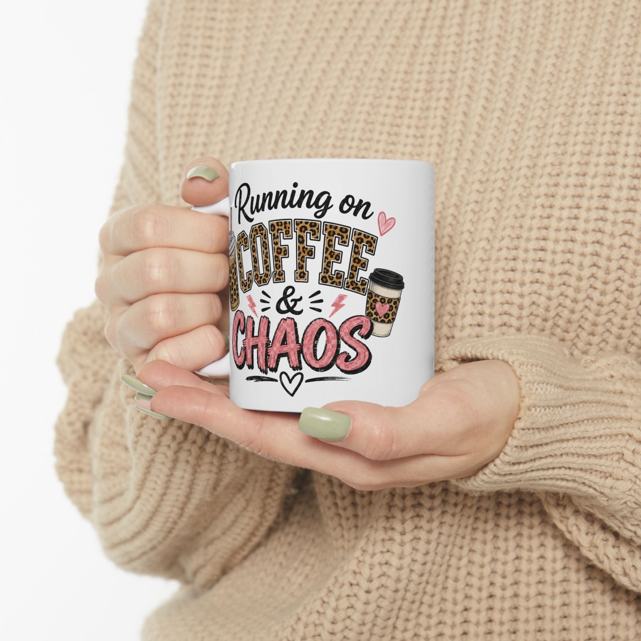 Coffee Lover Mug — 'Running on Caffeine & Chaos' Leopard Print Coffee Cup (11oz/15oz)