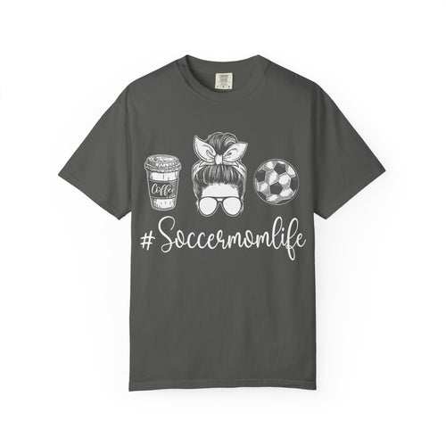 #SoccerMomLife messy bun Comfort Colors tee