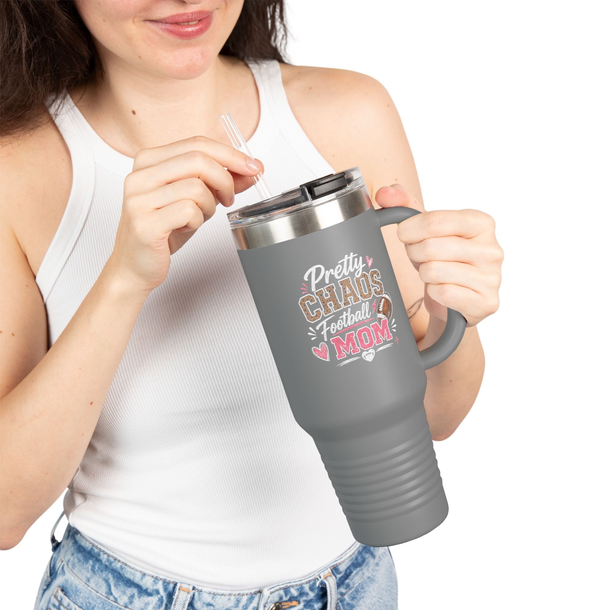 40oz Insulated Travel Mug — "Pretty Chaos Football Mom" Stainless Tumbler