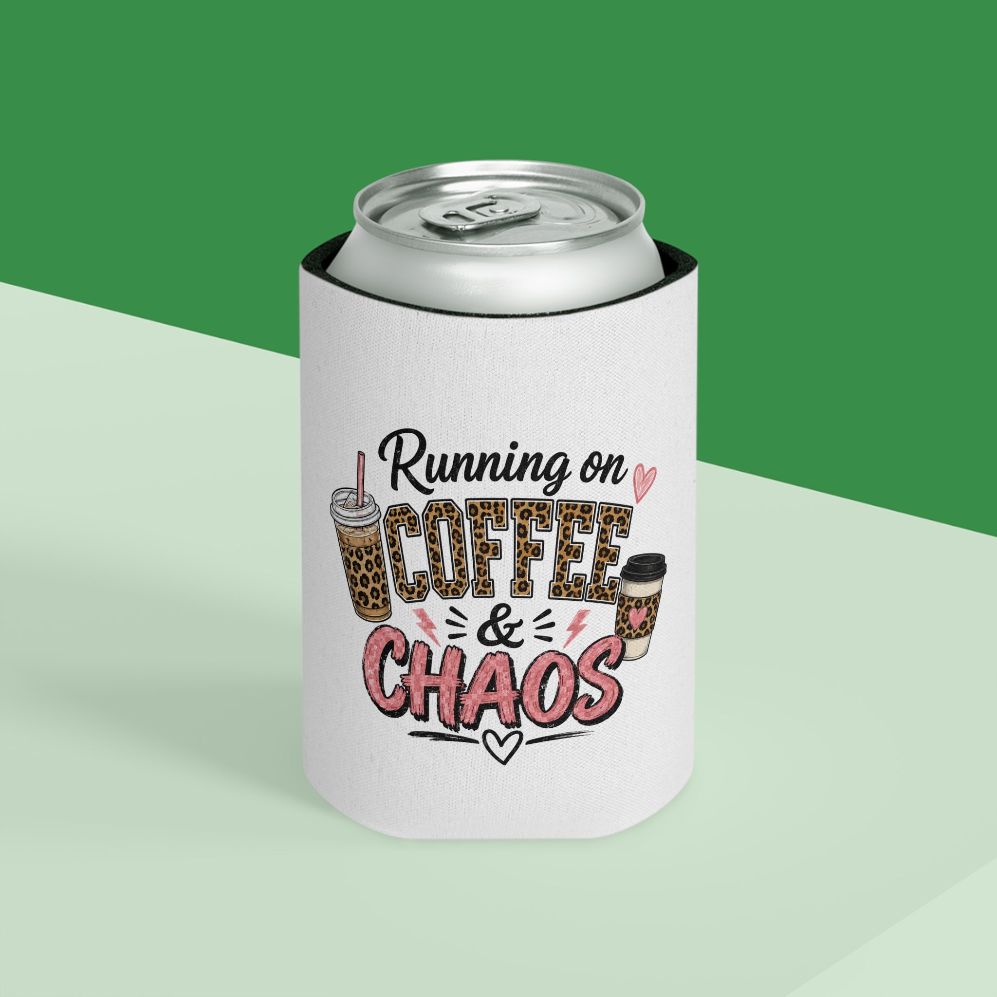 Can Cooler - "Running on Coffee & Chaos" Cute Coffee Lover Can Cooler