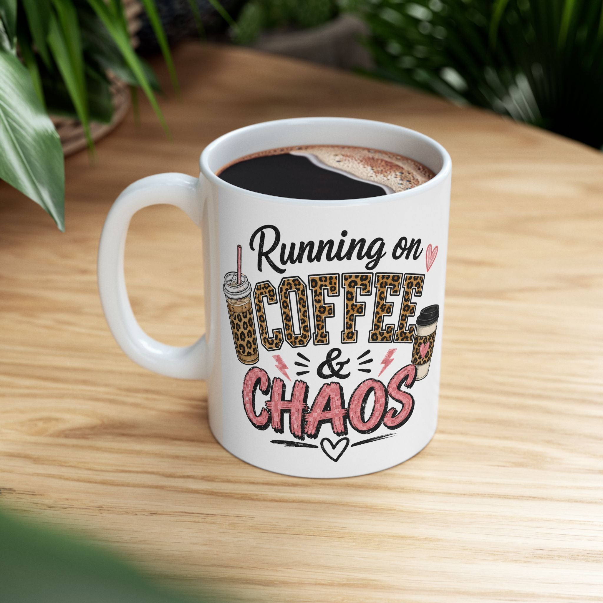 Coffee Lover Mug — 'Running on Caffeine & Chaos' Leopard Print Coffee Cup (11oz/15oz)