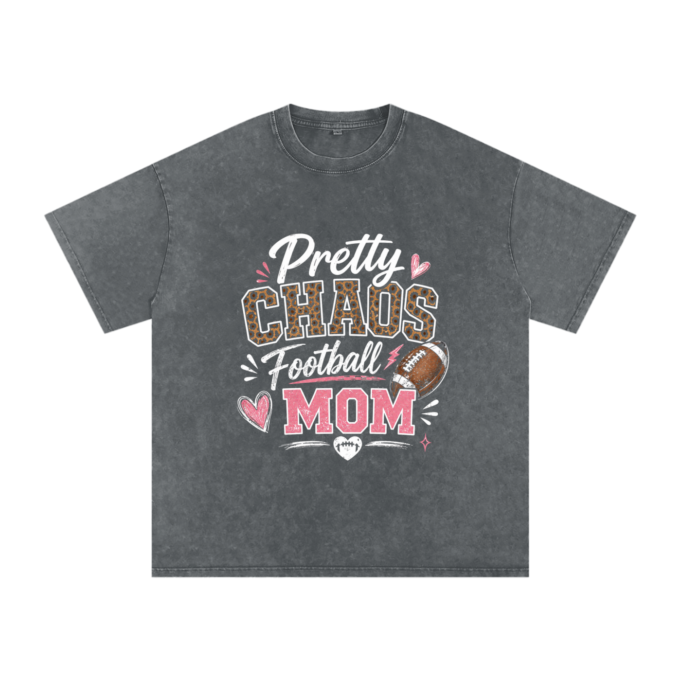Pretty Chaos Football Mom- Snow Washed Oversized Cotton T-Shirt