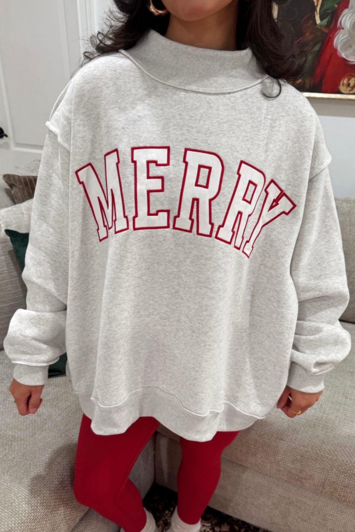 Heather grey MERRY high neck sweatshirt with white letters outlined in red