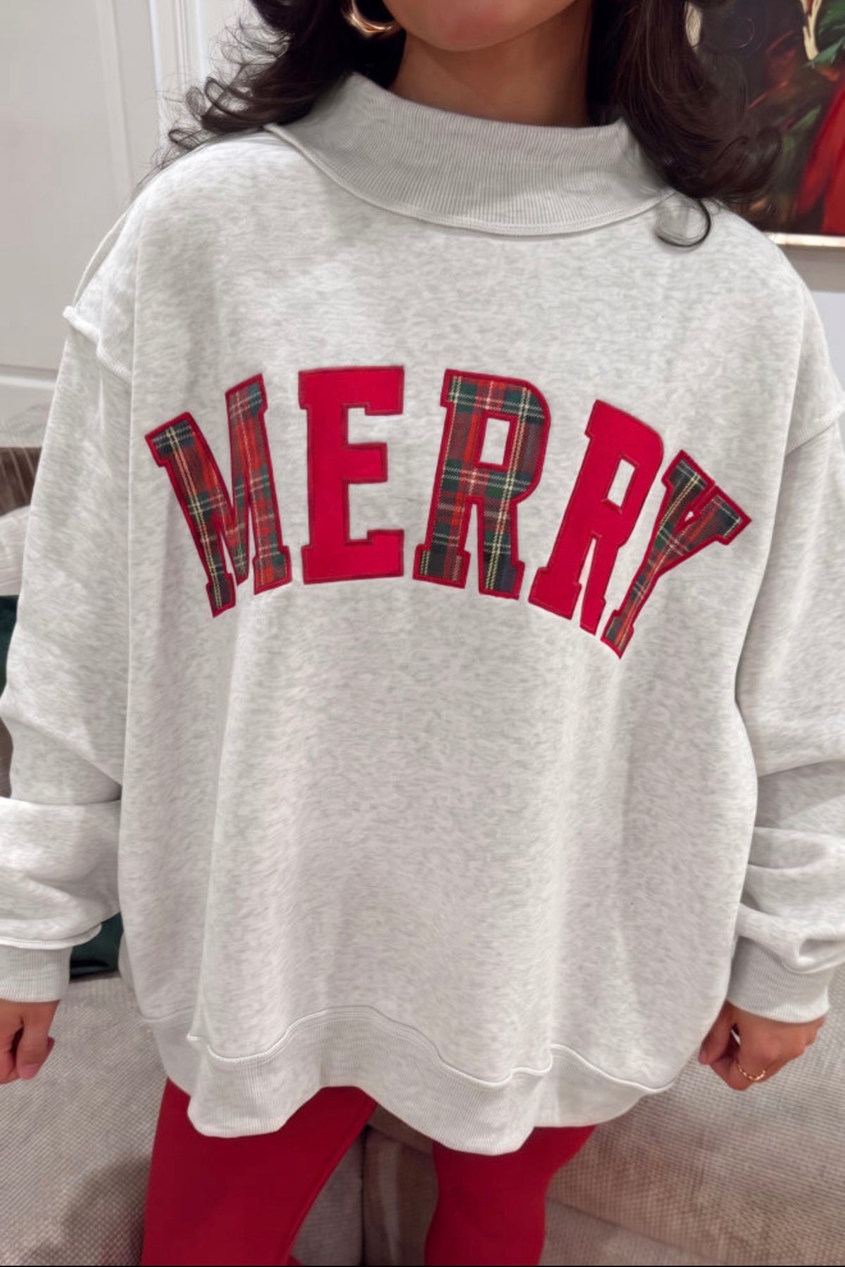 Heather grey MERRY high neck sweatshirt with red and tartan plaid letters