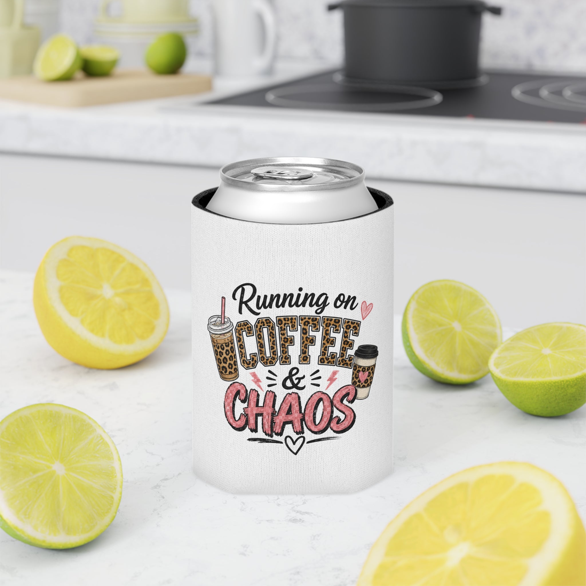 Can Cooler - "Running on Coffee & Chaos" Cute Coffee Lover Can Cooler