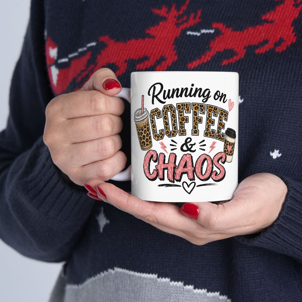 Coffee Lover Mug — 'Running on Caffeine & Chaos' Leopard Print Coffee Cup (11oz/15oz)