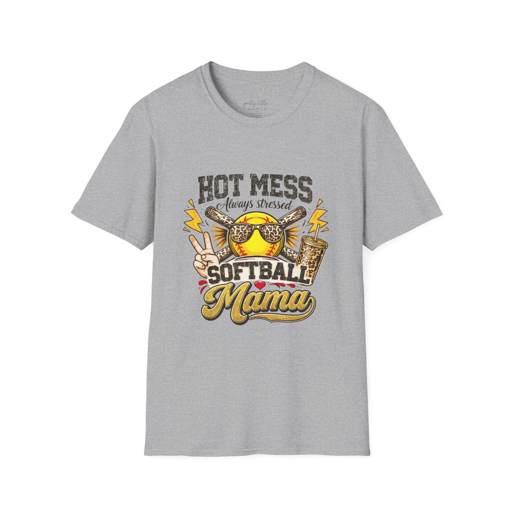 Hot mess softball momma - Softstyle T-Shirt