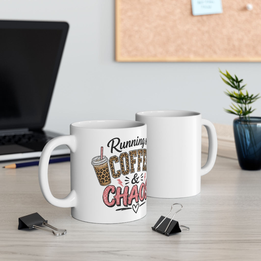 Coffee Lover Mug — 'Running on Caffeine & Chaos' Leopard Print Coffee Cup (11oz/15oz)