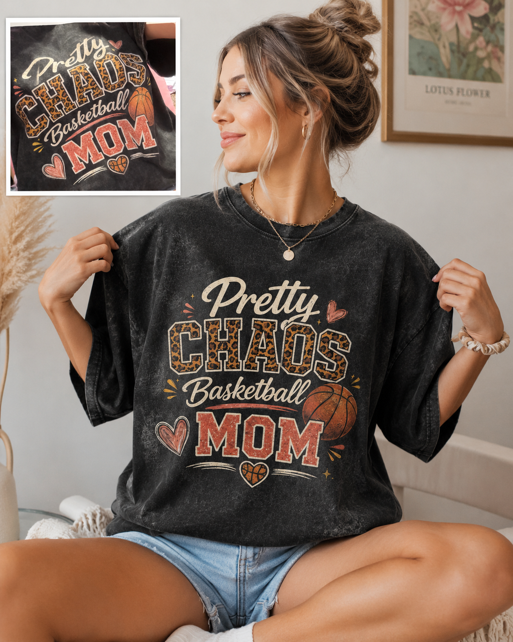 Pretty Chaos Basketball Mom -Snow Washed Oversized Cotton T-Shirt