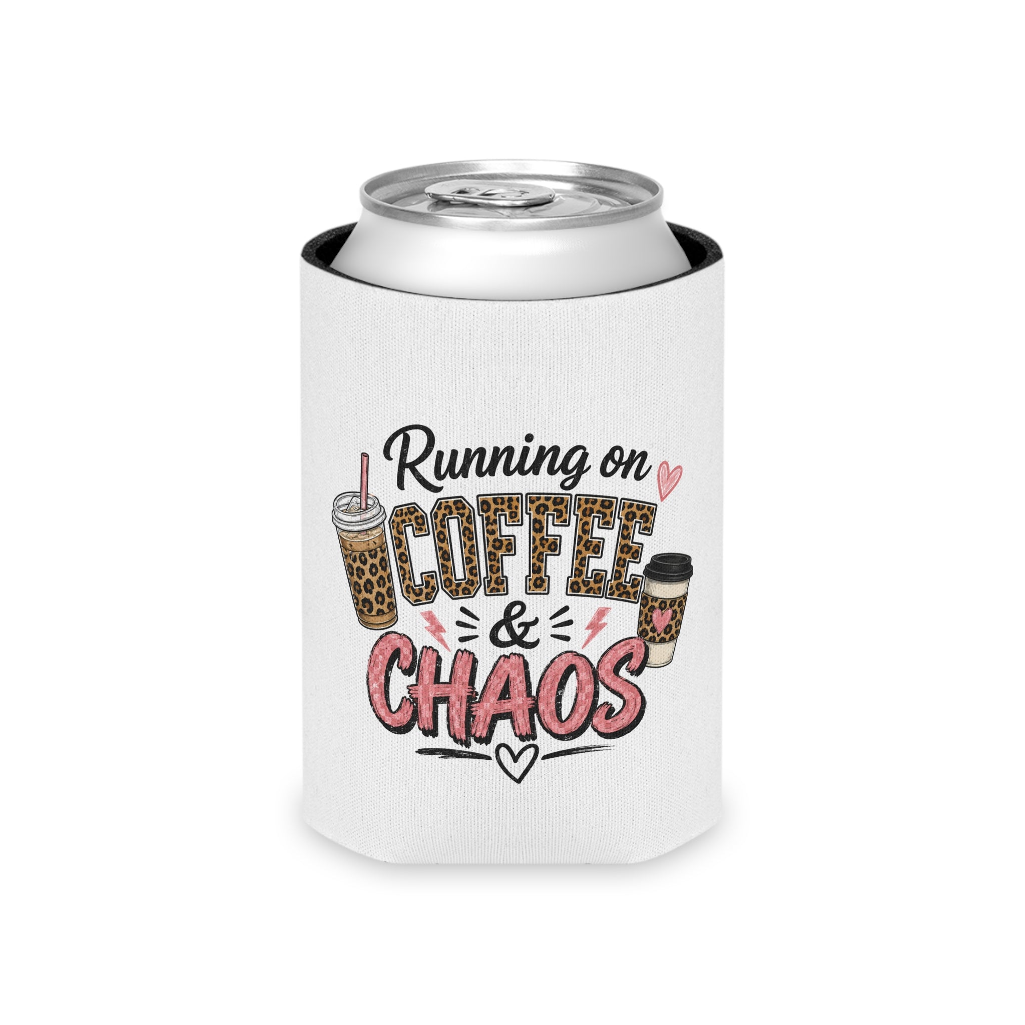 Can Cooler - "Running on Coffee & Chaos" Cute Coffee Lover Can Cooler
