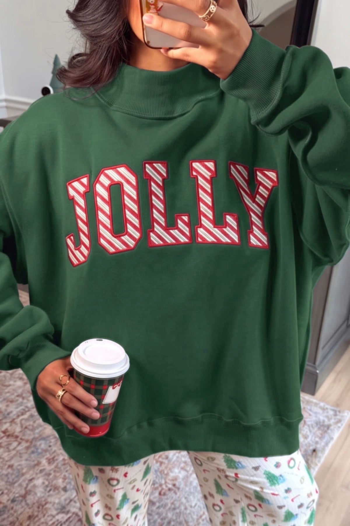 Forest green JOLLY high neck sweatshirt with candy cane striped letters