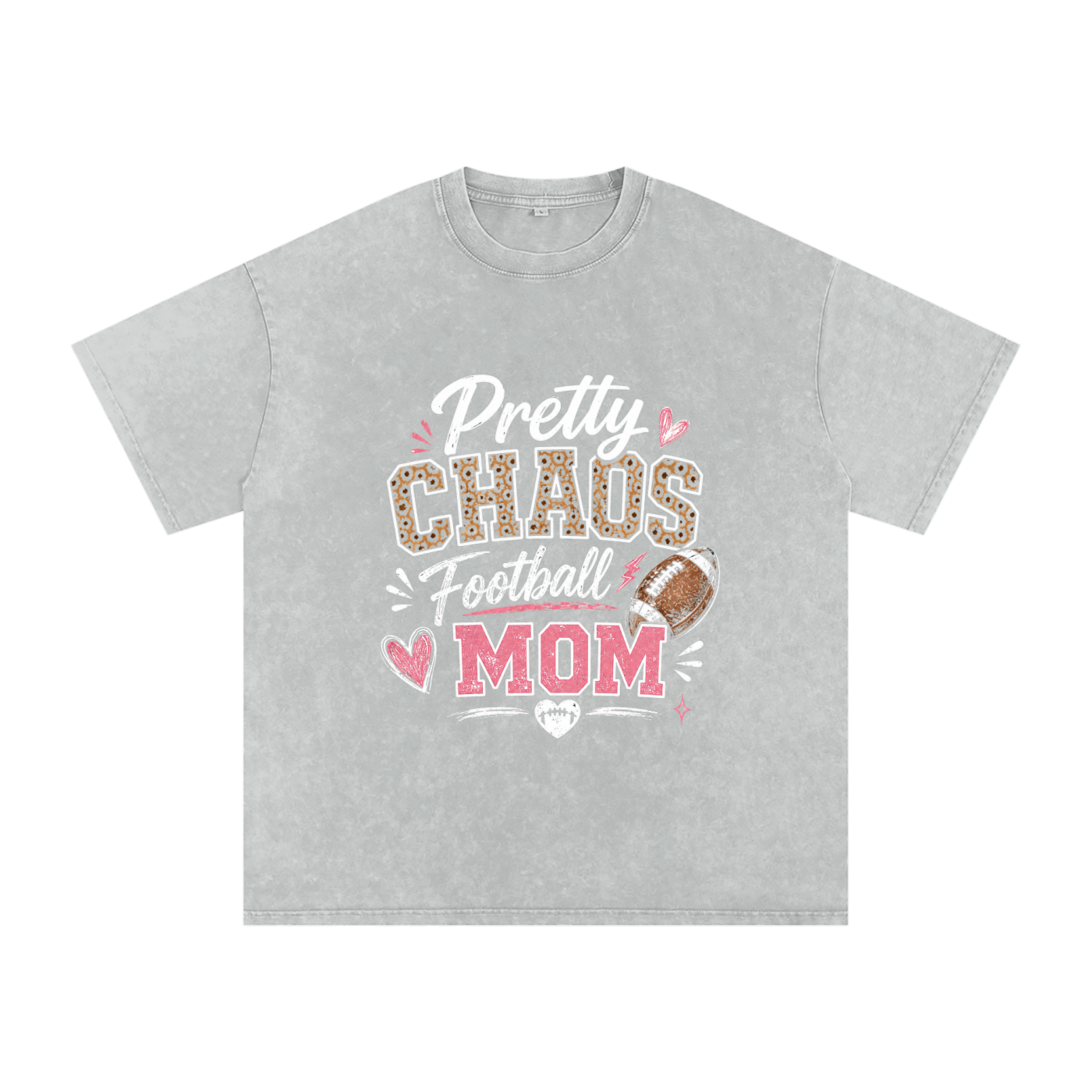 Pretty Chaos Football Mom- Snow Washed Oversized Cotton T-Shirt