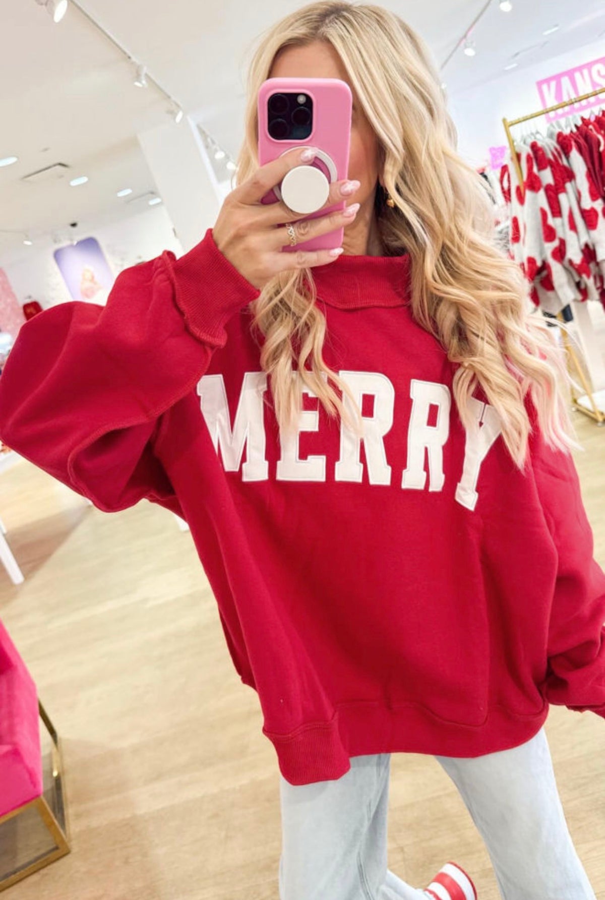 Red MERRY high neck sweatshirt with white letters