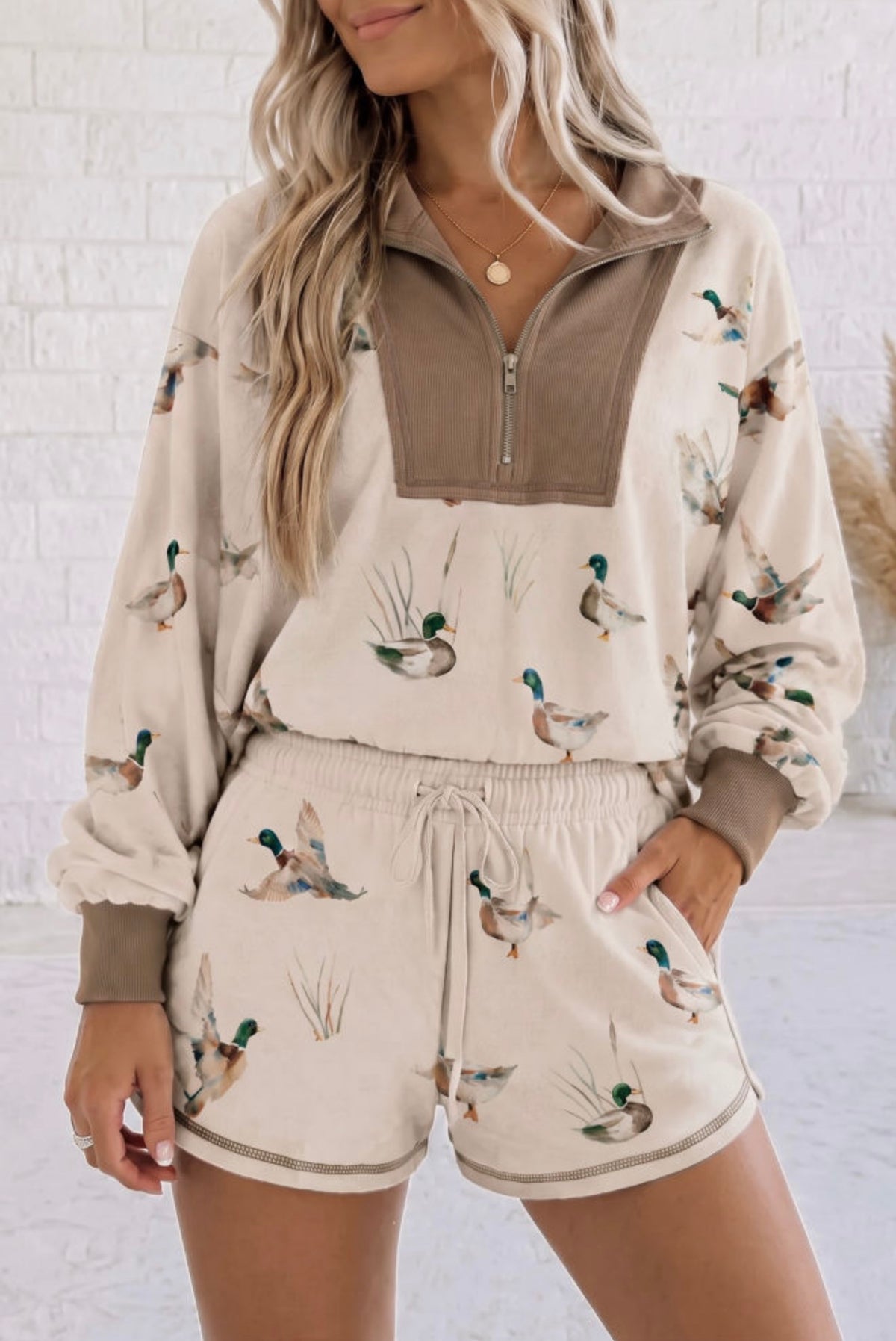 PRE- ORDER ONLY Khaki Mallard Print Zip Up Short Set
