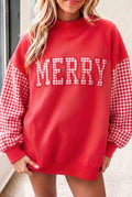 Red MERRY sweatshirt with red and white gingham letters and gingham sleeves
