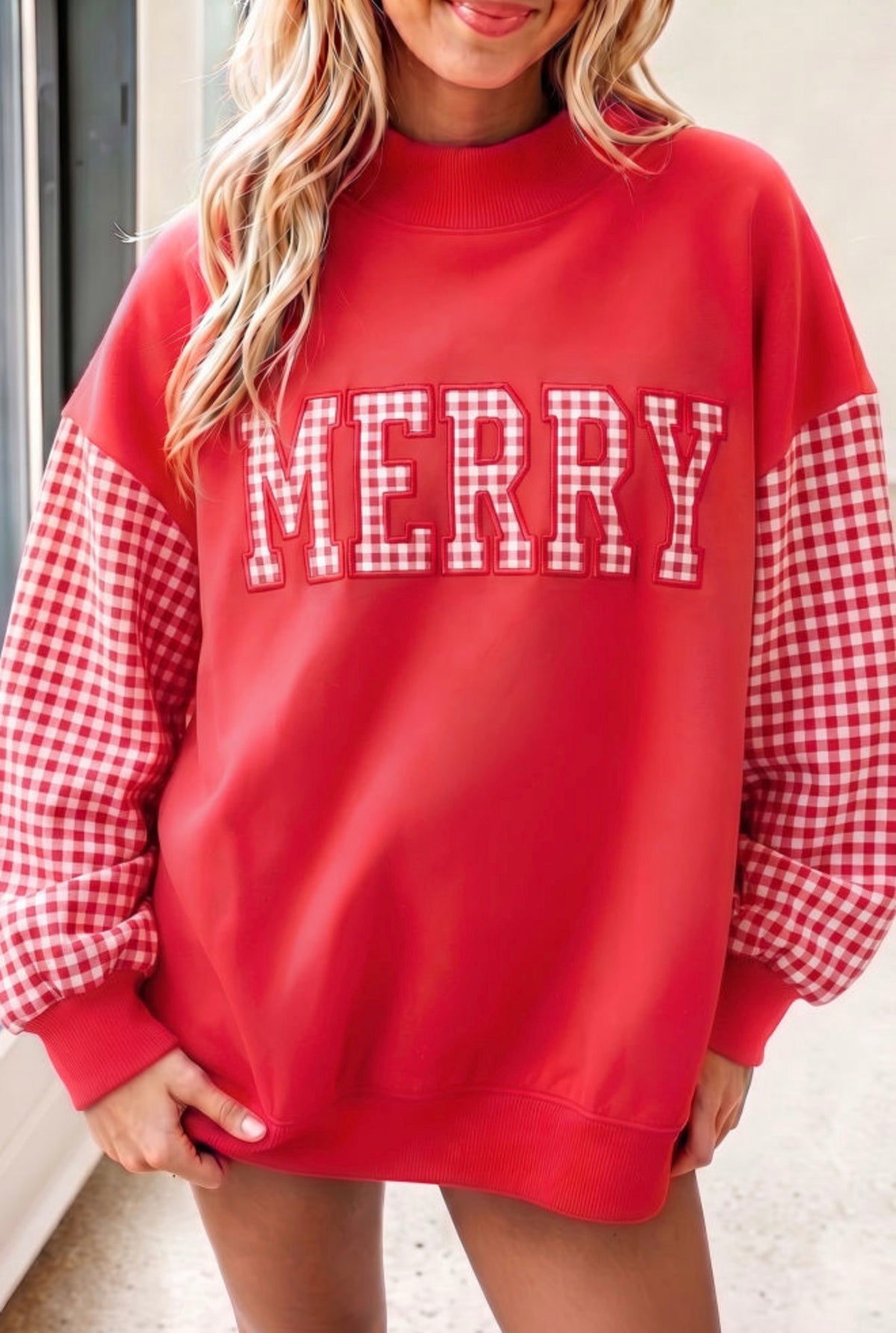 Red MERRY sweatshirt with red and white gingham letters and gingham sleeves
