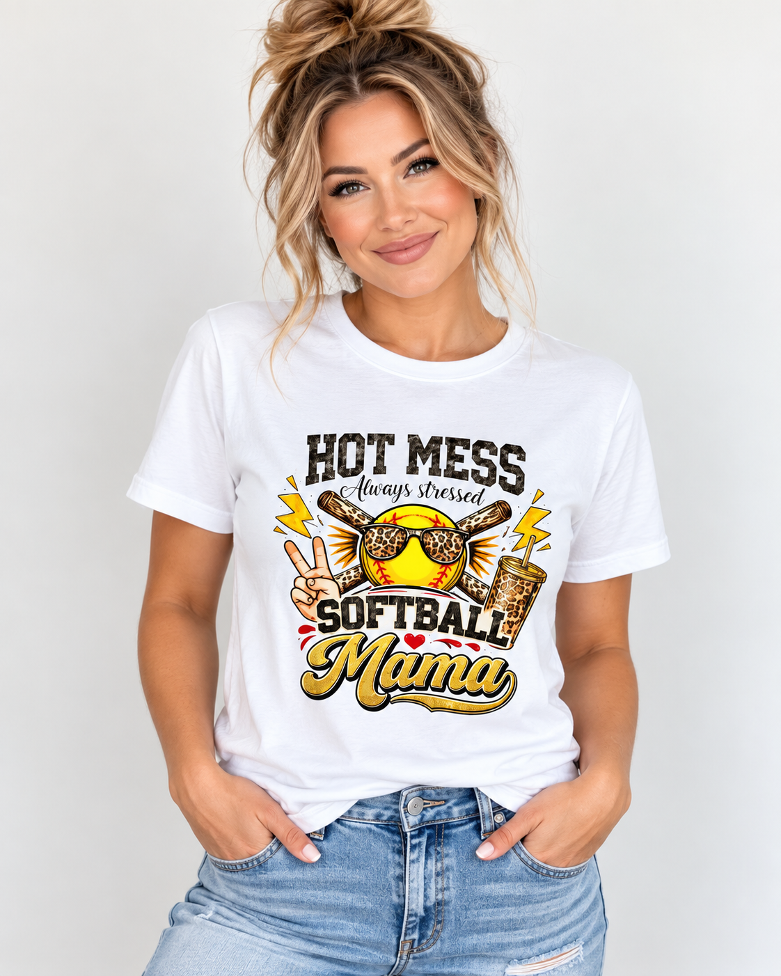 Hot mess softball momma - Softstyle T-Shirt