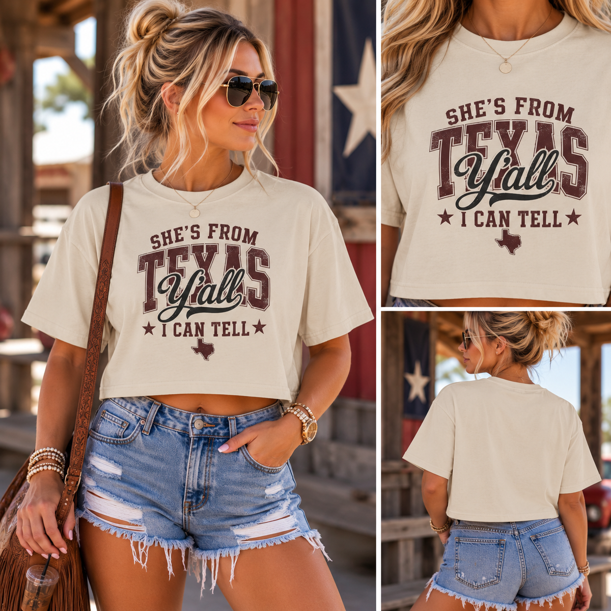 Texas Y'all maroon crop tee, view 3